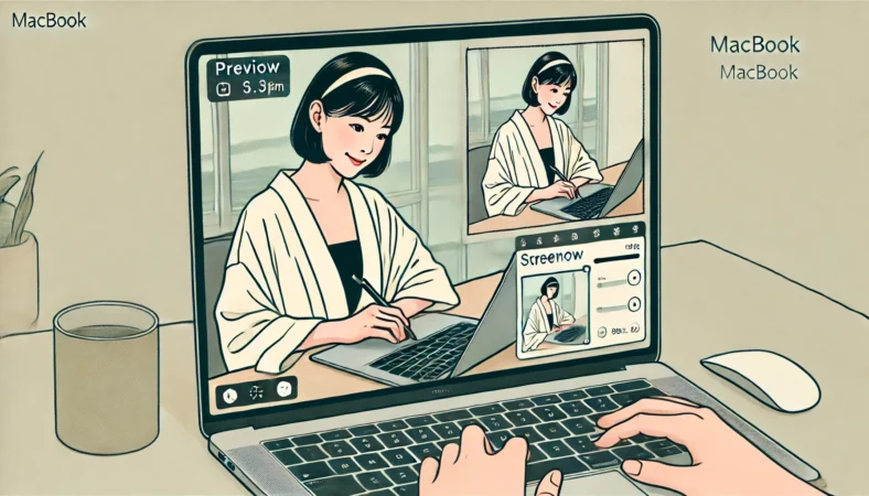 MacBookでプレビューアプリを使ってスクリーンショットをトリミングしている日本人女性のイラスト。画面には選択範囲と編集ツールバーが表示され、女性は集中した表情で作業している。