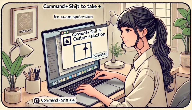 MacBookでスクリーンショットの範囲指定を調整している日本人女性のイラスト。Command + Shift + 4 を使用し、Spaceキーを押しながら選択範囲を移動している様子が描かれている。整ったデスクと集中した表情が印象的なワイド構図。