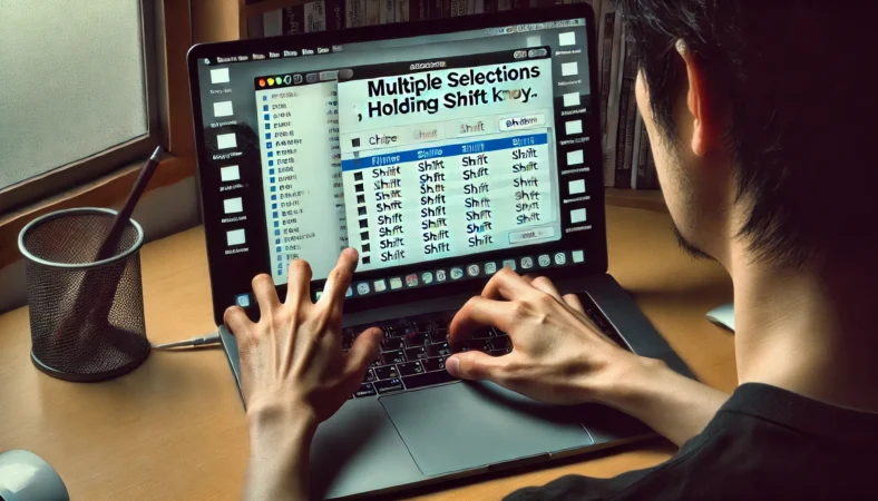 MacBookのFinder画面で複数のファイルをShiftキーで選択しようとしている日本人ユーザー。正しく選択できずに困っている様子がわかる。
