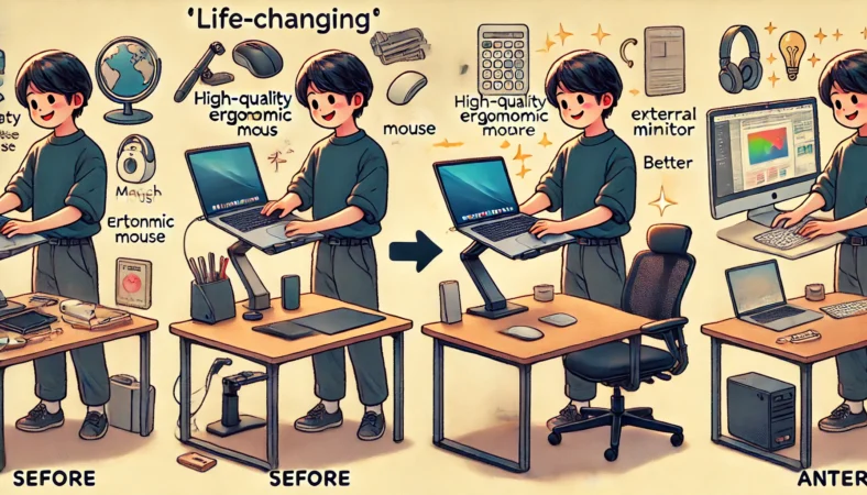 MacBookとWindowsノートPCの両方を前に置き、それぞれの特徴を比較しながら選ぼうとしている日本人ユーザーの様子を描いたイラスト