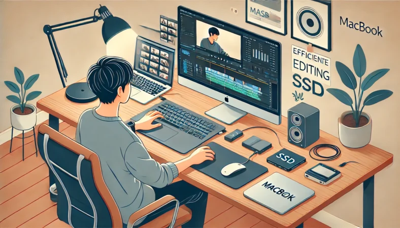 MacBookと外部モニター、外付けSSDを使い、動画編集に集中している日本人クリエイターの作業風景を描いたイラスト