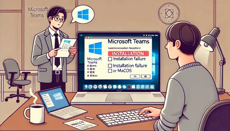 MacBookでMicrosoft Teamsのインストールに失敗し、macOSの要件チェックリストを確認している日本人ユーザーのイラスト。画面にはインストールエラーの表示があり、整ったモダンな作業環境が背景に描かれている。