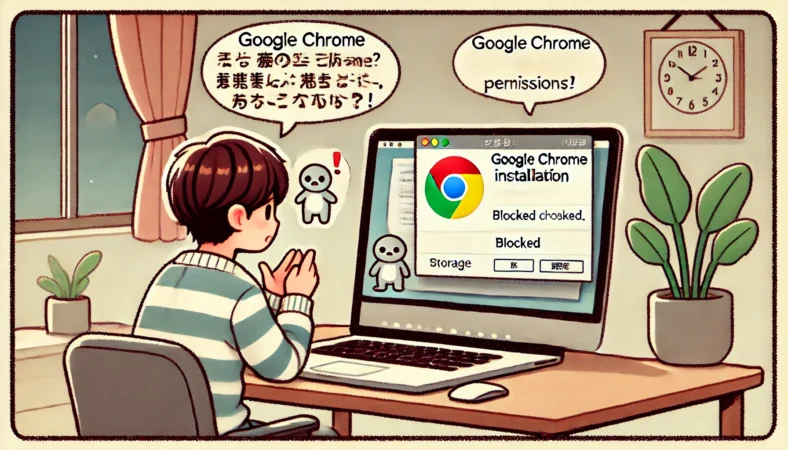 MacBookでGoogle Chromeのインストールに失敗し、エラーメッセージが表示されている画面を確認しながら、macOSのバージョンや空き容量、権限を冷静にチェックする日本人ユーザー。家庭的な雰囲気のデスクが描かれている。