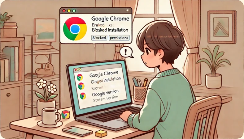 MacBookでGoogle Chromeのインストールに失敗し、エラーメッセージが表示されている画面を確認しながら、macOSのバージョンや空き容量、権限を冷静にチェックする日本人ユーザー。家庭的な雰囲気のデスクが描かれている。