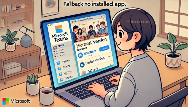 Microsoft Teamsのブラウザ版を使って会議に参加している日本人ユーザーのイラスト。MacBookの画面にはブラウザ上での会議画面が表示され、ユーザーは安心した表情で操作している。ミニマルな自宅デスク環境が背景に描かれている。