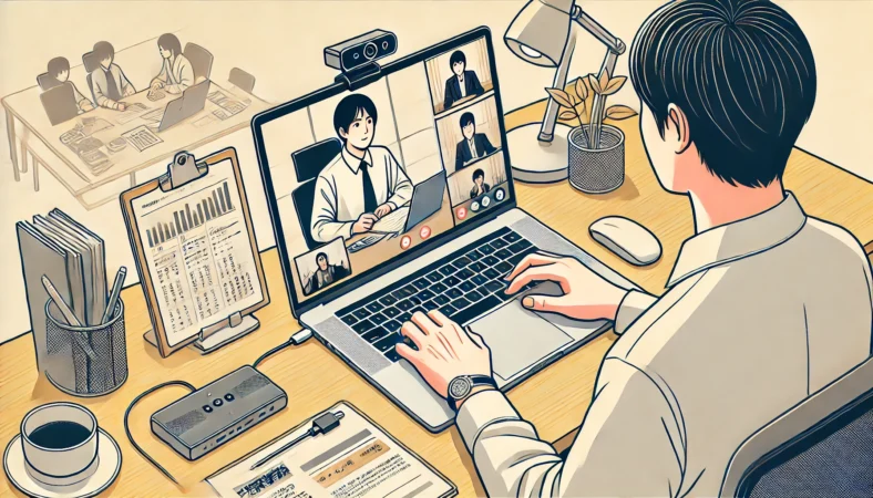 MacBookを使ってビデオ会議や資料作成を行う日本人ビジネスパーソンの職場風景。外部モニターやUSB-Cハブ、Webカメラを活用して快適な業務環境を構築している様子を描いたイラスト