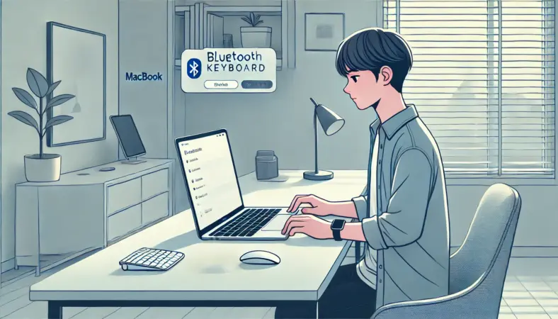 日本人ユーザーがMacBookの前でBluetoothキーボードの再接続を行っている様子のイラスト。清潔なデスクには無線マウスやスマートフォンが置かれ、穏やかな照明の中、ユーザーは落ち着いてトラブルシューティングを行っている。