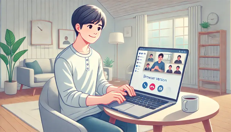 日本人ユーザーがMacBookのブラウザ版Microsoft Teamsで会議に参加し、安心した表情で操作している様子。明るく整ったホームオフィス環境での作業風景のイラスト。