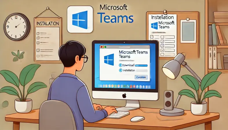 日本人ユーザーがMacBookでMicrosoft Teamsをインストールしている様子。画面にはTeamsのダウンロードとインストールの進行状況が表示されており、デスクには手順ガイドやチェックリストが置かれている。整った自宅の作業環境を背景にしたイラスト。