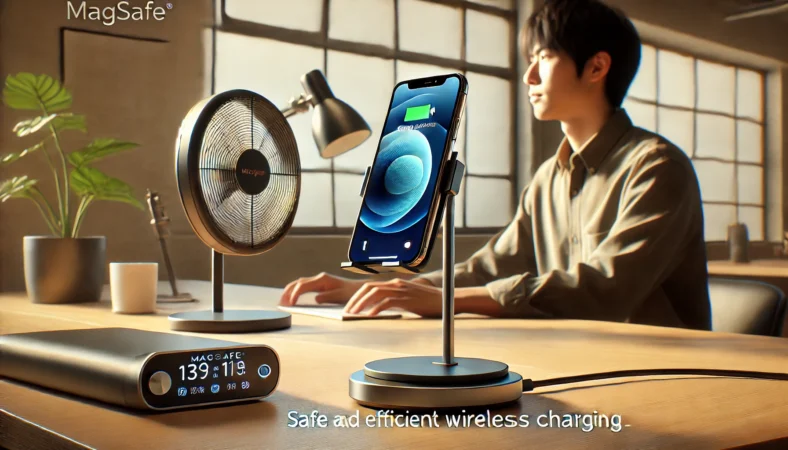 スタンド型MagSafe充電器でiPhoneをワイヤレス充電している日本人。背面に空気の通り道が確保され、熱対策された快適なデスク環境。