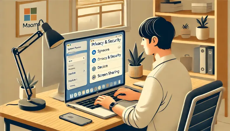 日本人ユーザーがMacBookでMicrosoft Teamsの設定画面を開き、マイク・カメラ・画面共有などのシステム設定を確認している様子。整った木製デスクと明るいホームオフィス環境が描かれている。