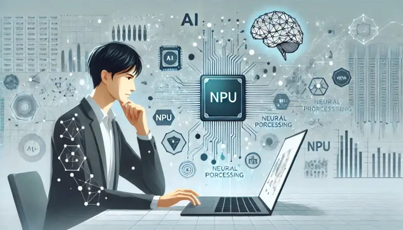 NPUを活用したAI処理の高速化について調査する日本人男性のイラスト。AIやニューラルネット、チップを象徴するアイコンが周囲に浮かび、次世代の演算環境を示している。