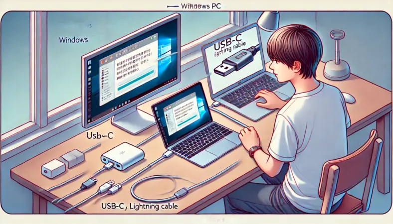 日本人のユーザーが、USB-CまたはLightningケーブルを使ってWindows PCとiPadを接続し、データ転送している様子のイラスト。ケーブルやアダプタの接続が明確に描かれ、転送中の進捗を示す演出もあり、正確な接続手順が視覚的に伝わる。
