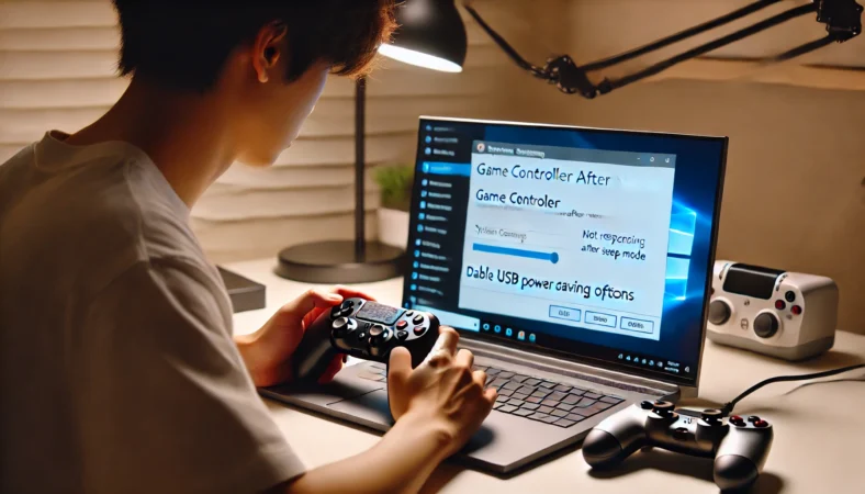 日本人ユーザーがWindows11のノートPCでUSBの省電力設定を無効にし、スリープ復帰後にゲームコントローラーが反応しない問題を対処している様子。USB接続されたコントローラーと整った作業環境が描かれている。
