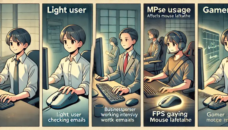 日本人の3人が異なるPC利用環境でマウスを使っているイラスト：ライトユーザー、ビジネスユーザー、FPSゲーマーの使用シーンを並列で表現