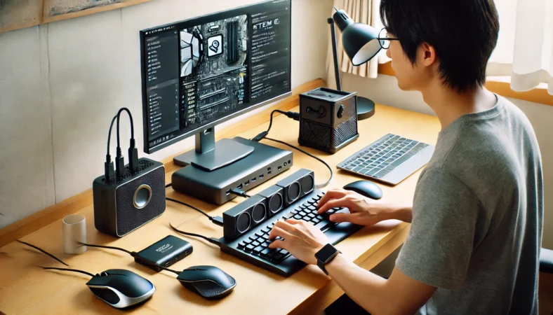 Steam Deckを外部モニター・キーボード・マウスと接続してPCのように使う日本人男性。ドックやUSB-Cハブを活用し、整理された作業空間で効率よく操作する様子。