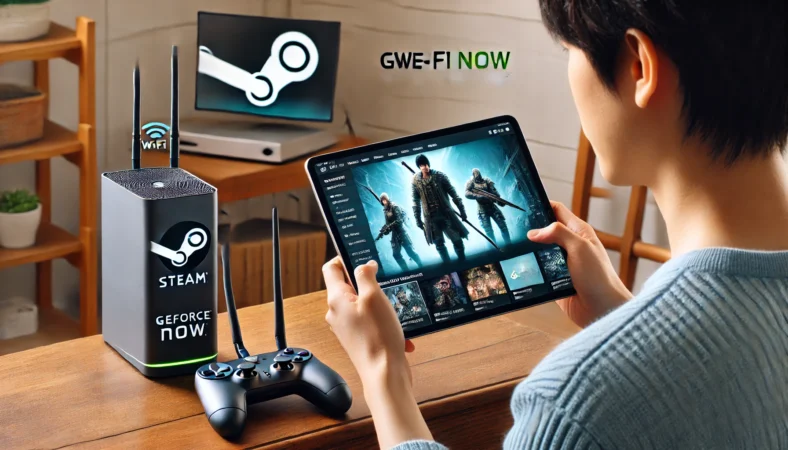 GeForce NOWを使ってiPadでSteamゲームを快適にプレイしている日本人ユーザーと、Wi-Fi 6ルーターによる安定したネットワーク環境