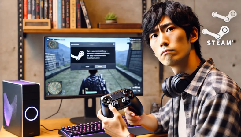 日本人男性がPCデスクでゲームコントローラーを手に困惑している様子。Steamの入力テストでは反応しているが、背後のゲーム画面では操作が反映されず、Steam Inputとゲーム側設定の不一致を示している。
