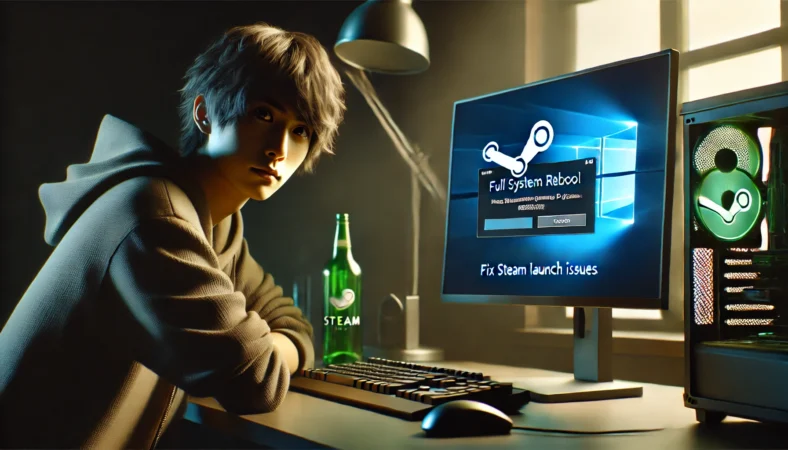 Steamゲーム起動トラブルを解決するため、Windows11のPCを再起動している日本人ユーザーのイメージ