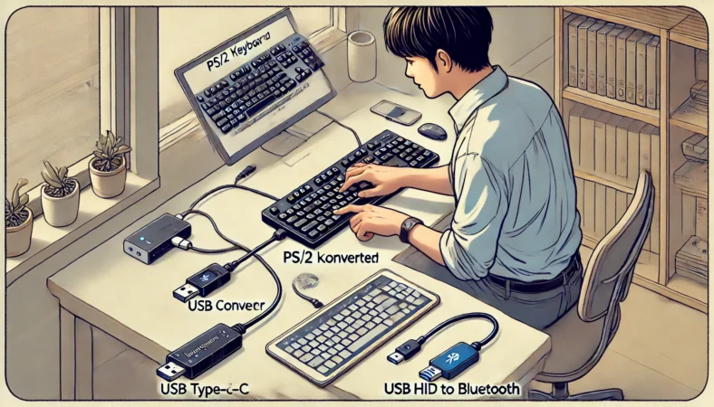 PS/2キーボードをUSB変換アダプタ経由でUSB HID→Bluetoothアダプタに接続し、モバイルバッテリーで給電してワイヤレス化を行う日本人男性。旧型キーボードの無線化手順がデスク環境で視覚的に説明されている。