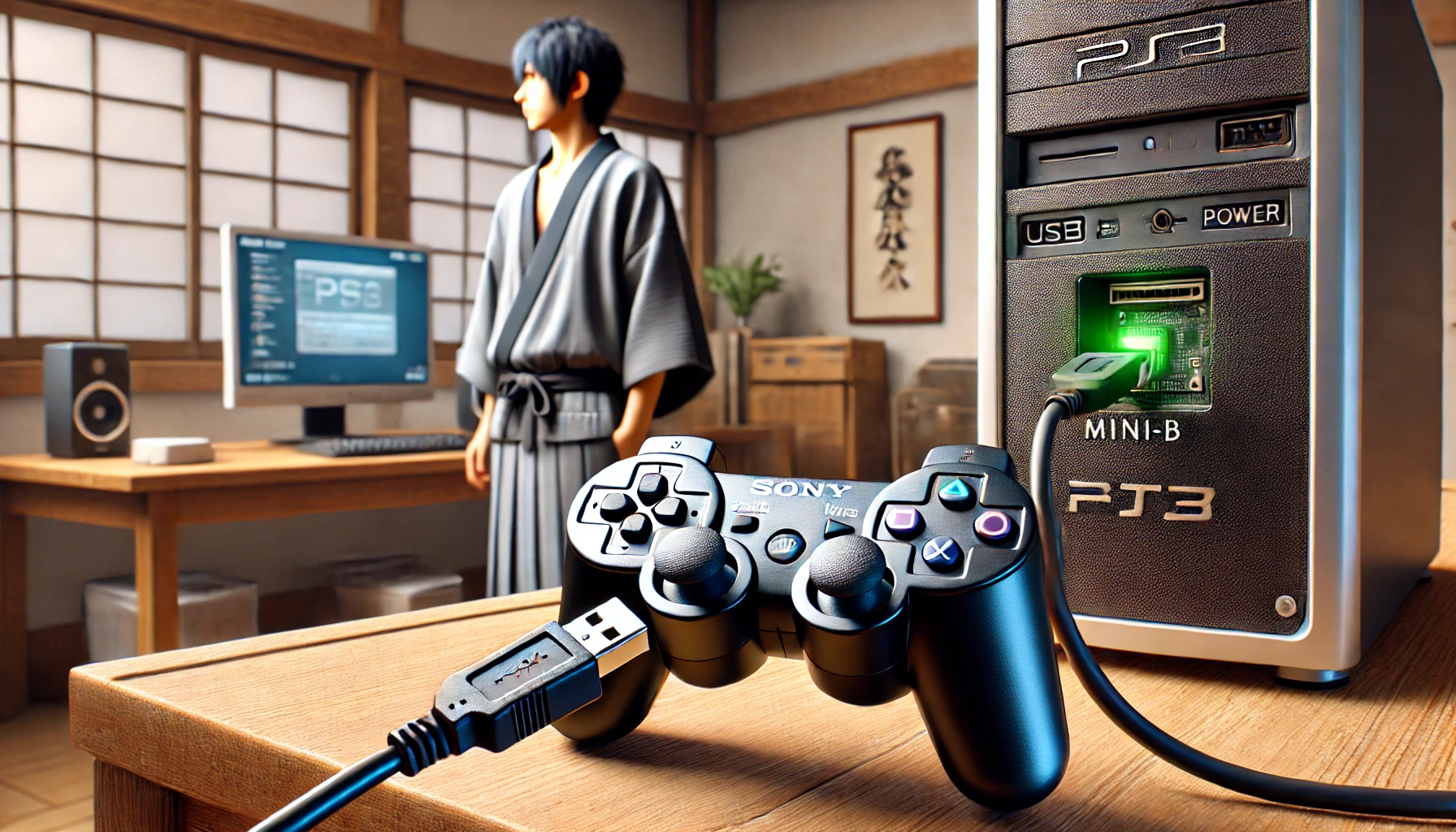 PS3コントローラーをPCに接続して充電している様子。日本の家庭内で、mini-Bケーブルが使用され、緑色の電源ランプが点灯したPCが背景にある。