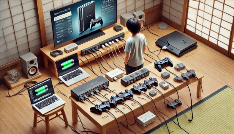日本の室内で、PS3本体以外の複数の充電方法（ノートPC、USBハブ、テレビUSB）を使ってPS3コントローラーを充電し、動作確認している人物の様子。