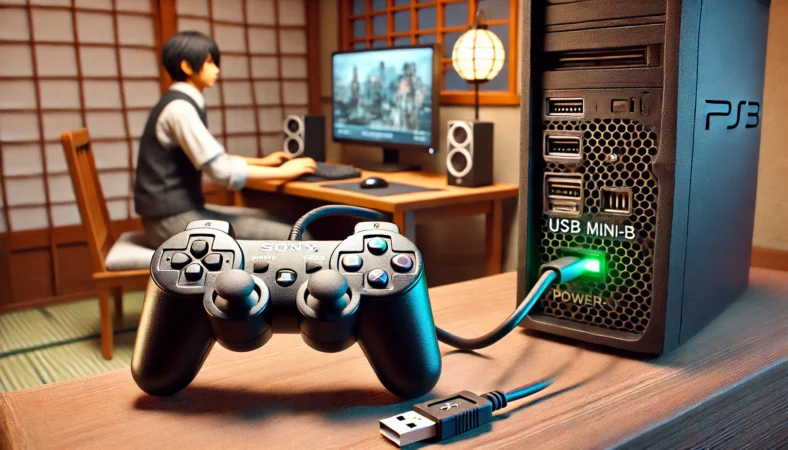 PS3コントローラーをPCに接続して充電している様子。日本の家庭内で、mini-Bケーブルが使用され、緑色の電源ランプが点灯したPCが背景にある。