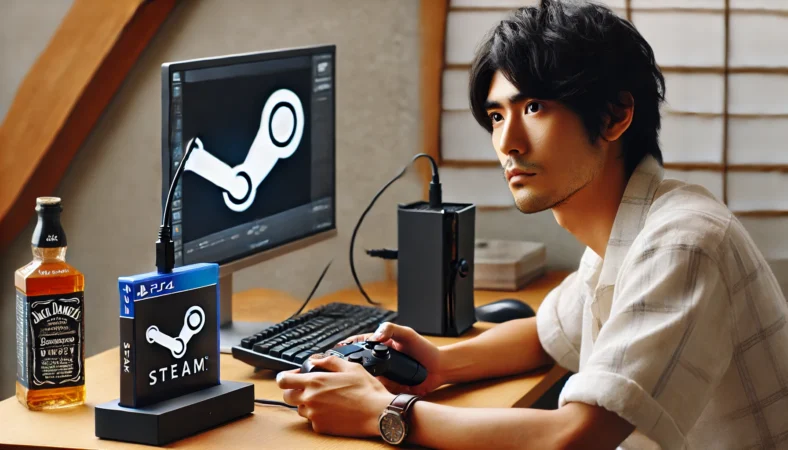 日本人男性がSteam DeckにPS4コントローラーをUSB接続している様子。Steam Deckはモニターに接続され、整った日本のリビングで動作確認を行っているシーン。