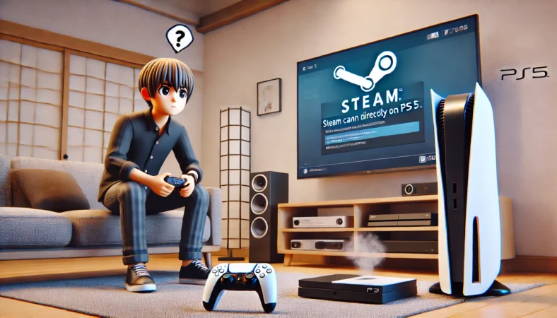 日本の現代的なリビングで、PS5を前にSteamを起動しようとして困惑する人物。テレビ画面にはエラーメッセージが表示され、近くにPCが配置されている。SteamはPS5上で直接動作しないことを示すシーン。