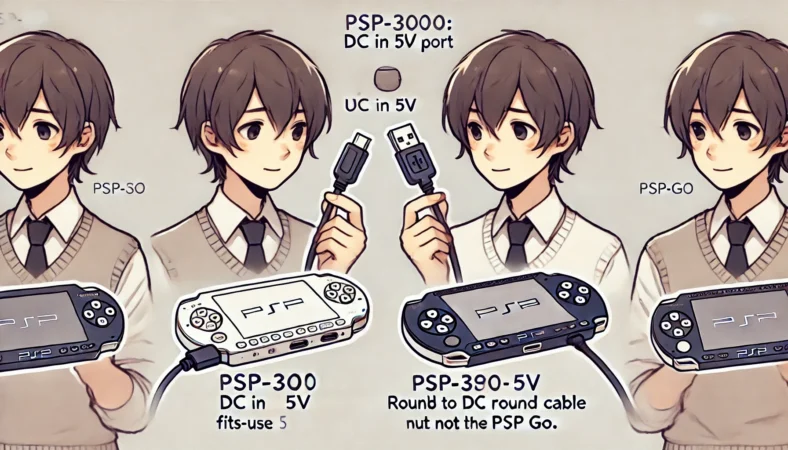 PSP-3000とPSP goの充電端子の違いを比較し、日本人男性がUSB→DCケーブルがどちらに対応するかを示しているイラスト。
