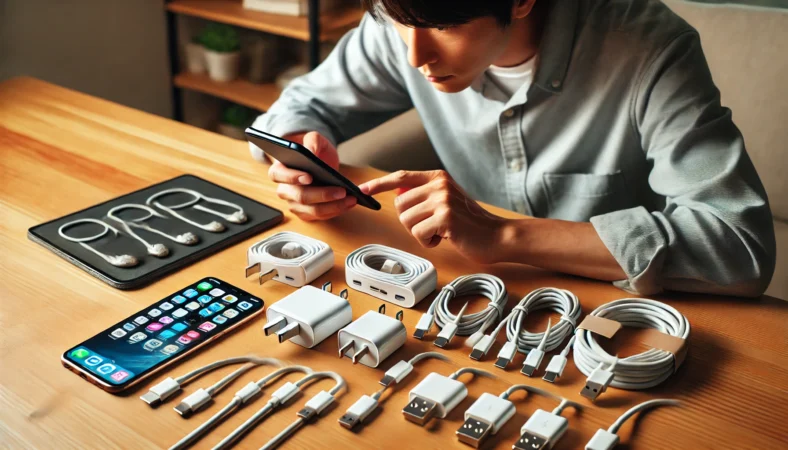 自宅のデスクでUSB-Cケーブルと充電器を比較しながらiPhone16の充電不具合を確認する日本人男性。複数のケーブルが並び、適切な組み合わせを検討している様子。