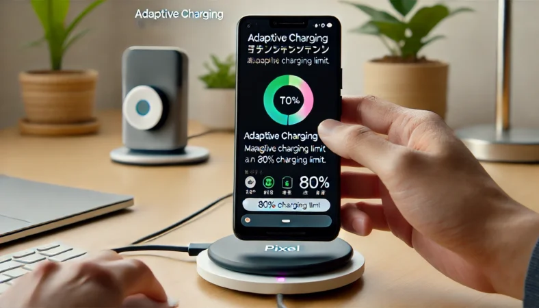 Pixelスマートフォンのバッテリー設定を確認し、アダプティブ充電と80%上限設定をチェックしている日本人。スタンド型充電器でワイヤレス充電中。