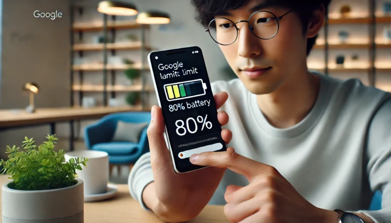 Google Pixelスマートフォンを操作し、80%での充電制限を設定している日本人ユーザーの様子。デスクに座って満足そうに設定を確認している場面。