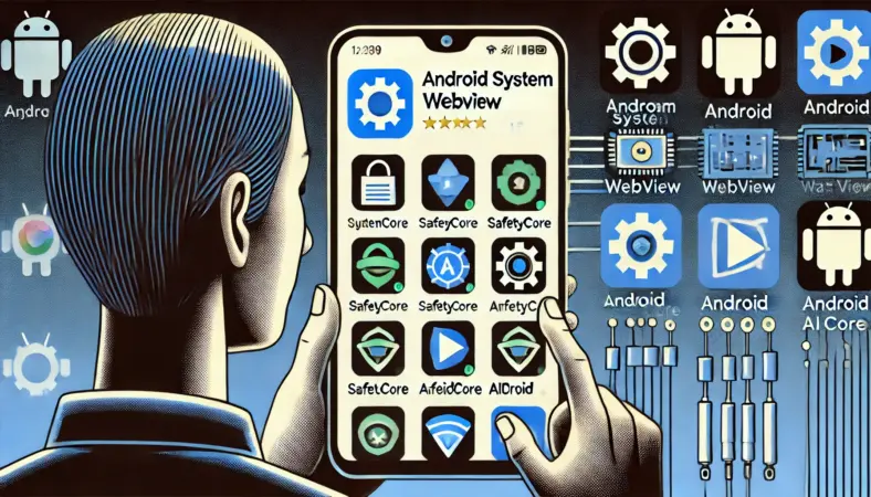 日本人の人物がAndroidスマートフォンでGoogle Playストアを開き、Android System WebViewやSafetyCoreなどのシステムコンポーネントを比較しているイラスト。歯車アイコンやシールドマーク、AIチップなどが視覚的に区別を示している。