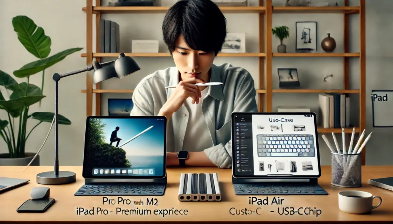 日本人男性がデスクに並べたiPad Pro（M2）とiPad Air（M3）を見比べながら検討している様子。Proは高精細ディスプレイとスタイラスを使用、Airは実用的なキーボードケースやUSB-Cハブが接続されており、それぞれの使い方の違いが視覚的に示されている。