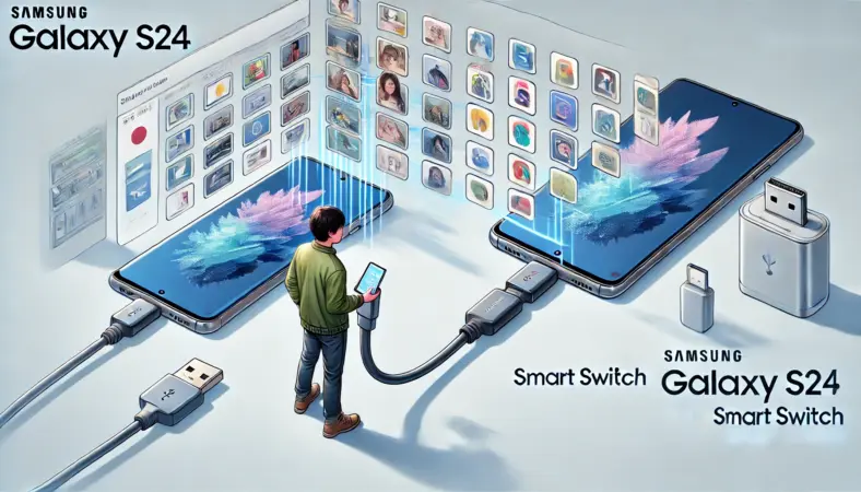 Galaxy S24とS25をUSB-Cケーブルで接続し、Smart Switchを使って写真やアプリなどのデータを転送している日本人ユーザーのイラスト。安全でスムーズな移行手順が伝わる現代的な環境が描かれている。