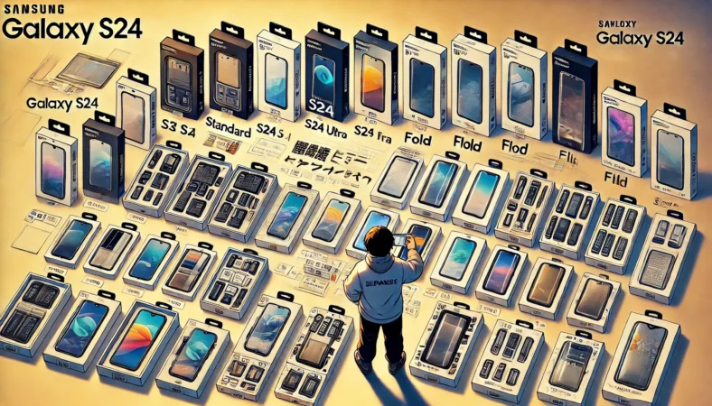 Galaxy S24、S24 Ultra、Fold、Flipの各モデルに装着された多様なケースや保護フィルムを比較する日本人ユーザーのイラスト。正しい型番を確認しながら選んでいる様子で、フィルム貼り付け用のキットやパッケージも丁寧に描かれている。