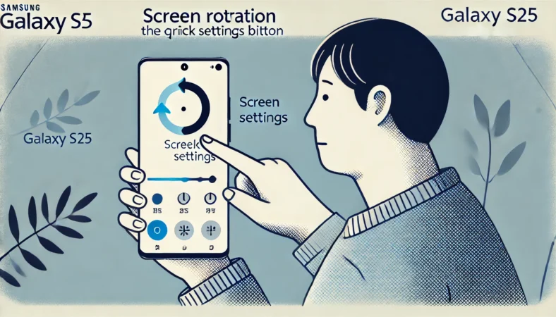 Galaxy S25のクイック設定メニューを開こうと右上からスワイプしているが、画面回転ボタンが見つからず困惑している日本人ユーザーのイラスト。室内の静かな環境での使用場面。