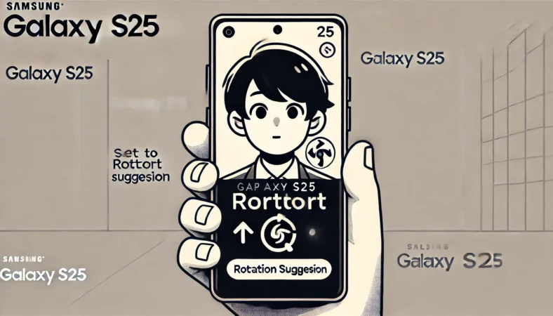 Galaxy S25を横向きに持ち、画面下部に回転提案アイコンが表示されているのを見てやや困惑している日本人ユーザーのイラスト。室内のテック系環境での描写。