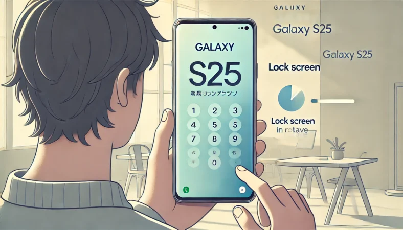 Galaxy S25のロック画面が横向きに回転せず、設定を確認しようとする日本人ユーザーのイラスト。スマートフォンは横向きに保持されているが、画面は縦表示のまま。