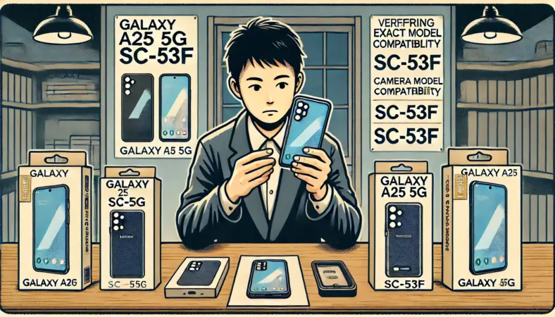 日本人のユーザーがGalaxy A25 5G SC-53Fとスマホケースを比較しながら、カメラ穴やボタン位置、ポートのずれがないか慎重に確認している様子を自宅で描いたイラスト。モデル互換性の重要性を示すシーン。