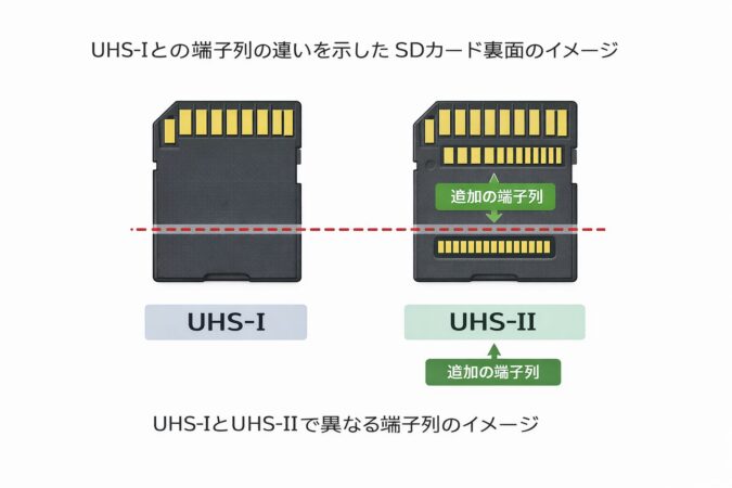 UHS-IとUHS-IIの端子列の違いを示したSDカード裏面のイメージ