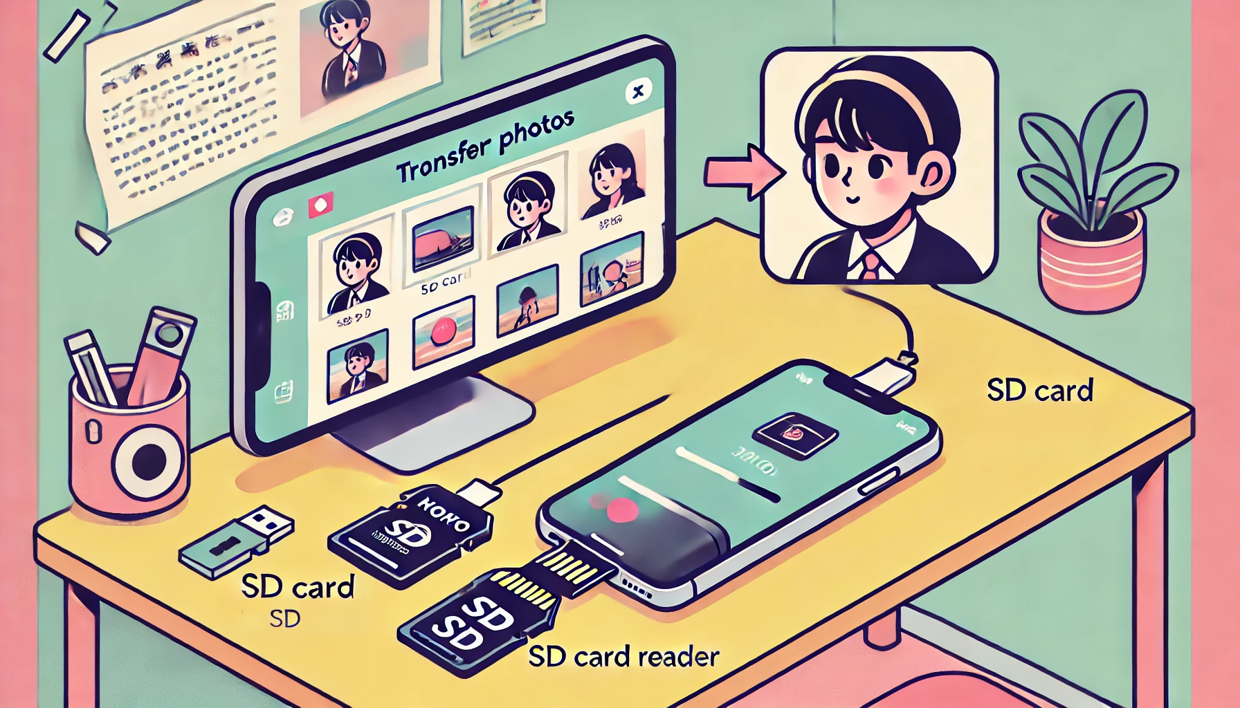 SDカードリーダーを使って、SDカードからiPhoneへ写真を転送している日本人のイラスト。デスク上でiPhoneとカードリーダーが接続され、写真アプリの画面を確認している様子が描かれている。家庭内のシンプルな作業環境。