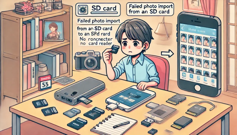 日本人の人物がSDカードからiPhoneへの写真取り込みがうまくいかず、複数のSDカードを試したりカードリーダーを再接続したりしてトラブルシューティングしている様子。整理された家庭内のデスク環境が描かれている。