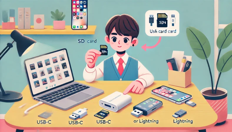 日本人の人物が、USB-CとLightningの両方に対応したSDカードリーダーを比較しながら、iPhoneの端子を確認しているイラスト。明るく整った室内で、取り込み準備をする様子が描かれている。