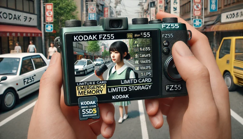 日本人の人物がSDカードなしの状態でコダックFZ55カメラを使用し、内蔵メモリに写真を保存している様子。カメラの画面に表示される少ないストレージ容量が緊急用であることを示す屋外シーン。