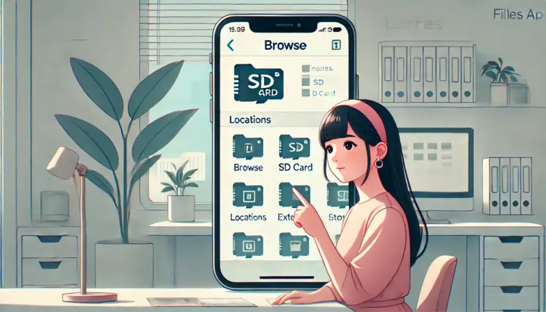 iPhoneのファイルアプリでSDカードが「場所」に表示されている様子を確認する日本人女性のイラスト。現代的な室内環境で、SDカードが外部ストレージとして認識されている様子が丁寧に描かれている。