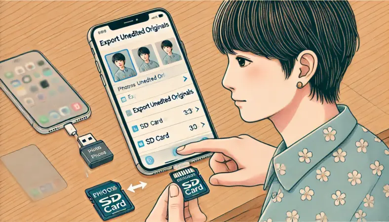 写真アプリで「未編集のオリジナルを書き出す」操作を行い、保存先としてSDカードを選択している日本人ユーザーのイラスト。木製の机の上にiPhoneとSDカードリーダーがあり、丁寧なバックアップ作業の様子が落ち着いた室内で描かれている。