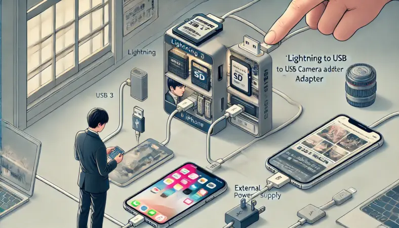 Lightning - USB 3カメラアダプタとSDカードリーダー、外部電源を接続してiPhoneで安定動作を確認する日本人男性のイラスト。三位一体の接続構成が室内で視覚的に表現されている。