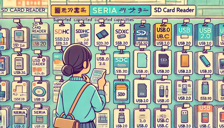 セリアのSDカードリーダー売り場で、パッケージ裏の仕様を確認しながら比較検討している日本人。対応容量（SDHC/SDXC）やUSB端子の種類をチェックしている様子を、明るく現代的なイラストで表現。